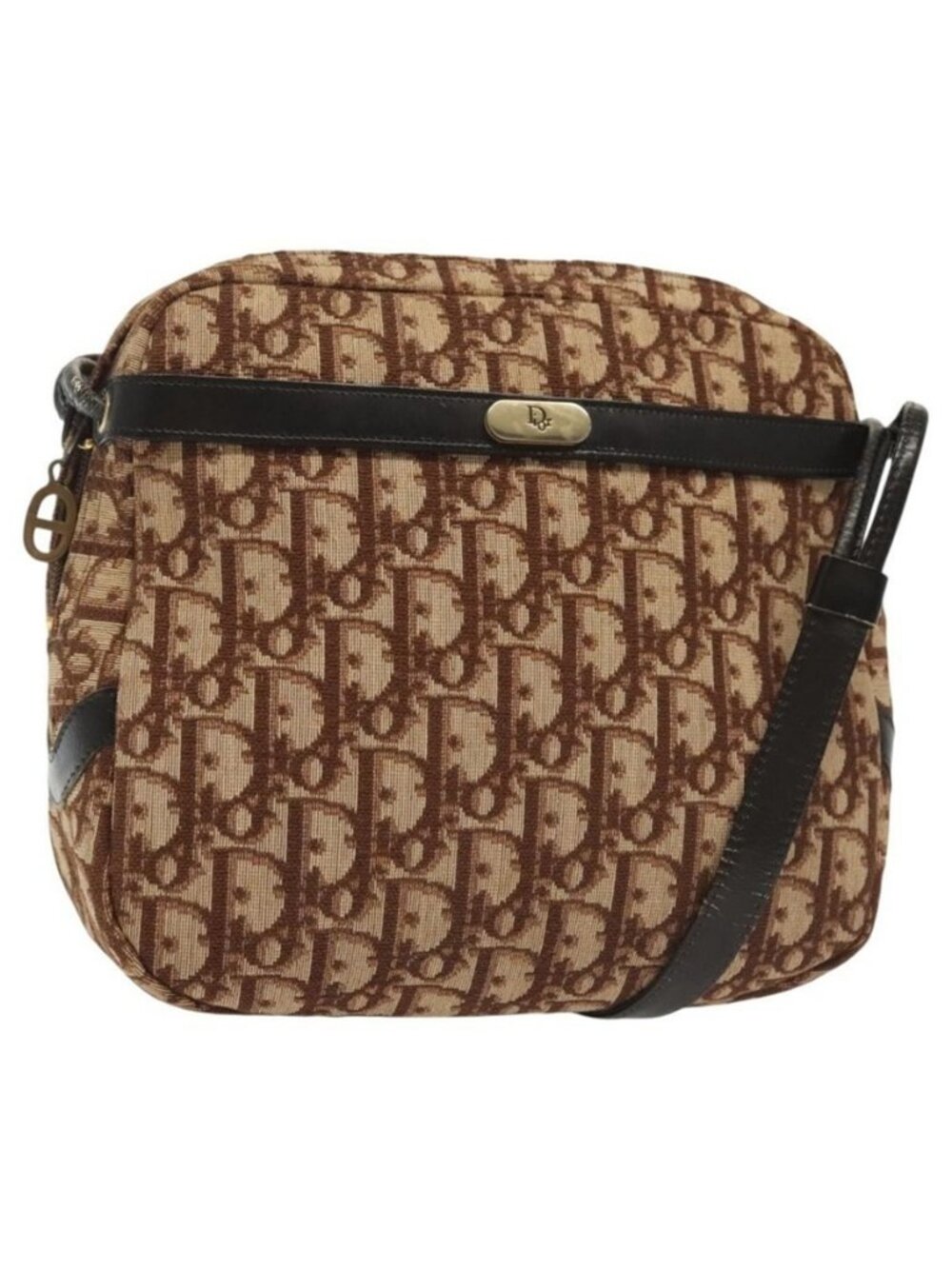 Authentic Christian Dior Trotter Canvas Shoulder Bag Brown Gold